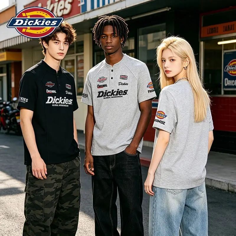 Dickies Embroidered Henley Shirt Summer Short Sleeve Button Placket Casual Top