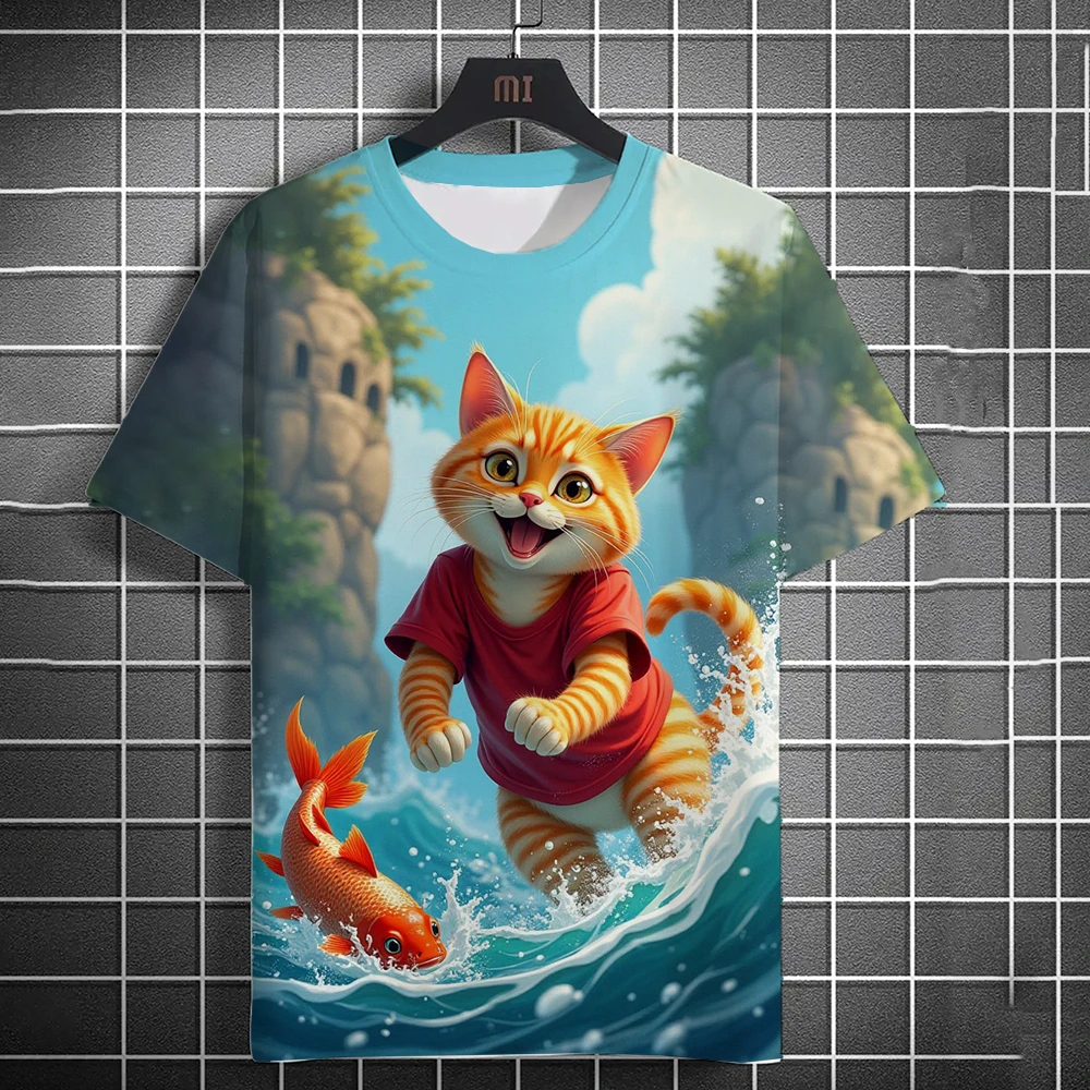 

Cute Men's Orange Cat T-Shirt 3D Seaside Hunting Print Short Sleeve Cute O-Neck Tops Breathable Quick-Dry Clothing for Men Women