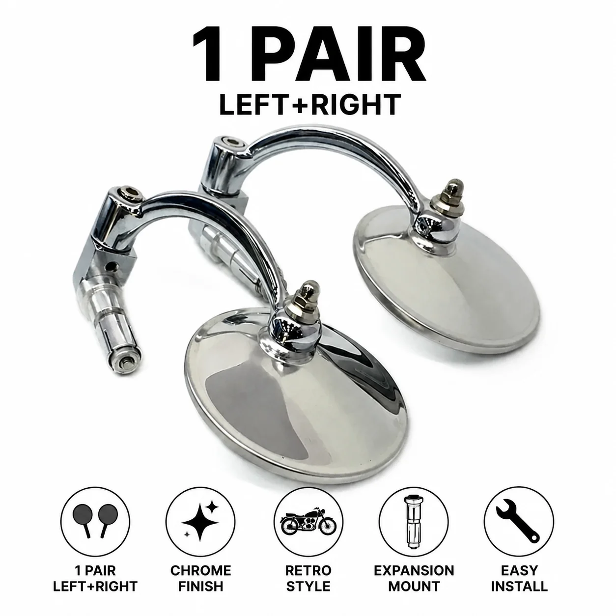 Retro Curved Stem Round Bar End Rearview Mirrors, 360 Degree Adjustable Wide Angle Side Mirrors For Large Displacement Sport