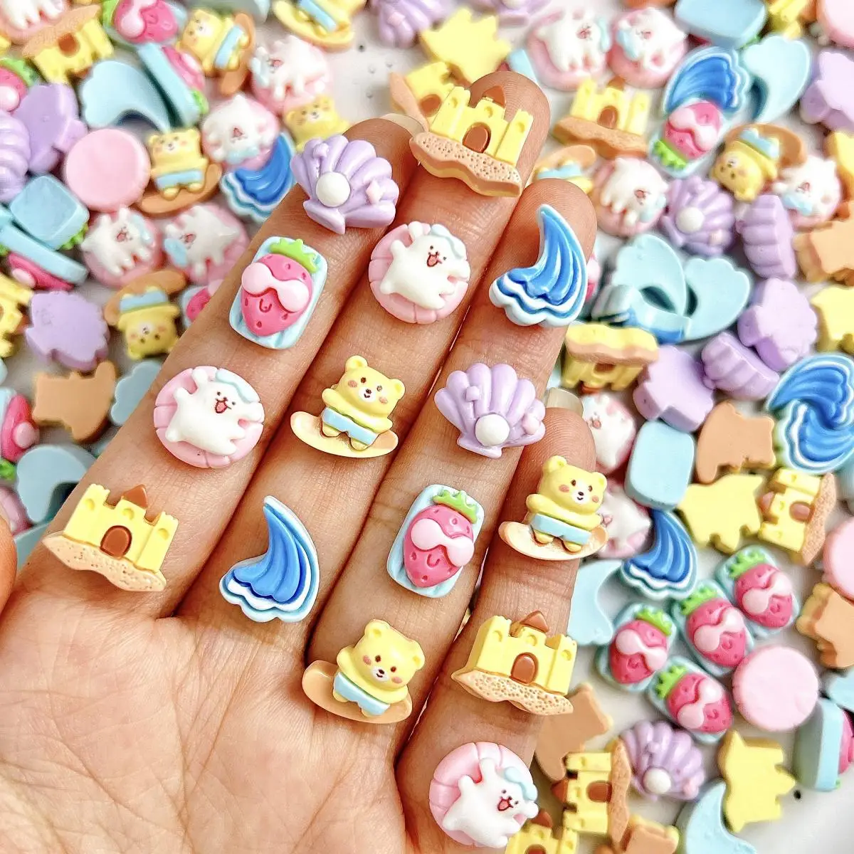 

Cartoon Cute Surfing Bear Nail Art Charms Creative Painted Castle Waves Shell Seaside Series Nail Decorations for DIY Nail Parts