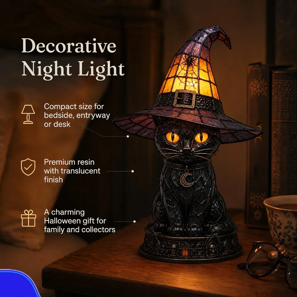 Resin Jack-O-Lantern Night Light Vintage Style Witch Hat Pumpkin Figurine USB Powered Pumpkins Halloween Theme Decor Hat Lamp