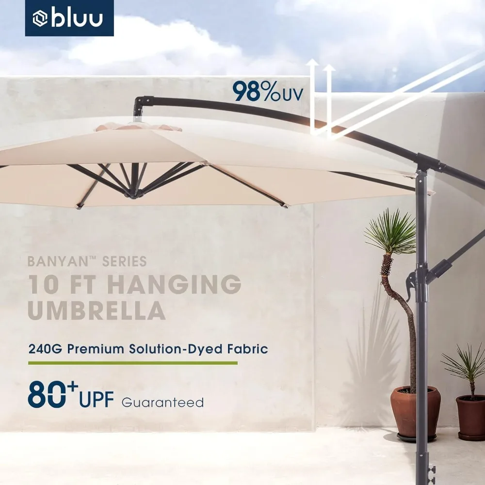 ร่มสนาม10FT ร่มตรงข้ามกับที่จับร่มแขวนในตลาดร่มร่มกลางแจ้งพร้อมฐานข้อเหวี่ยงและฐานไขว้ (สีเบจ)