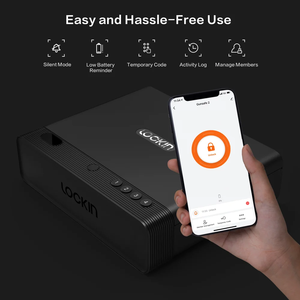 Lockin Quick Access with Biometric Pistol Safety for Fingerprint/numeric Keypad/app/key Unlock Nightstand Car Gun Safety Device