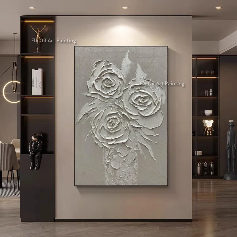 Hand Painted White Brown Flowers Knife Thick Canvas Wall Art Black White Gray Florals Art Oil Painting For Living Room Decor