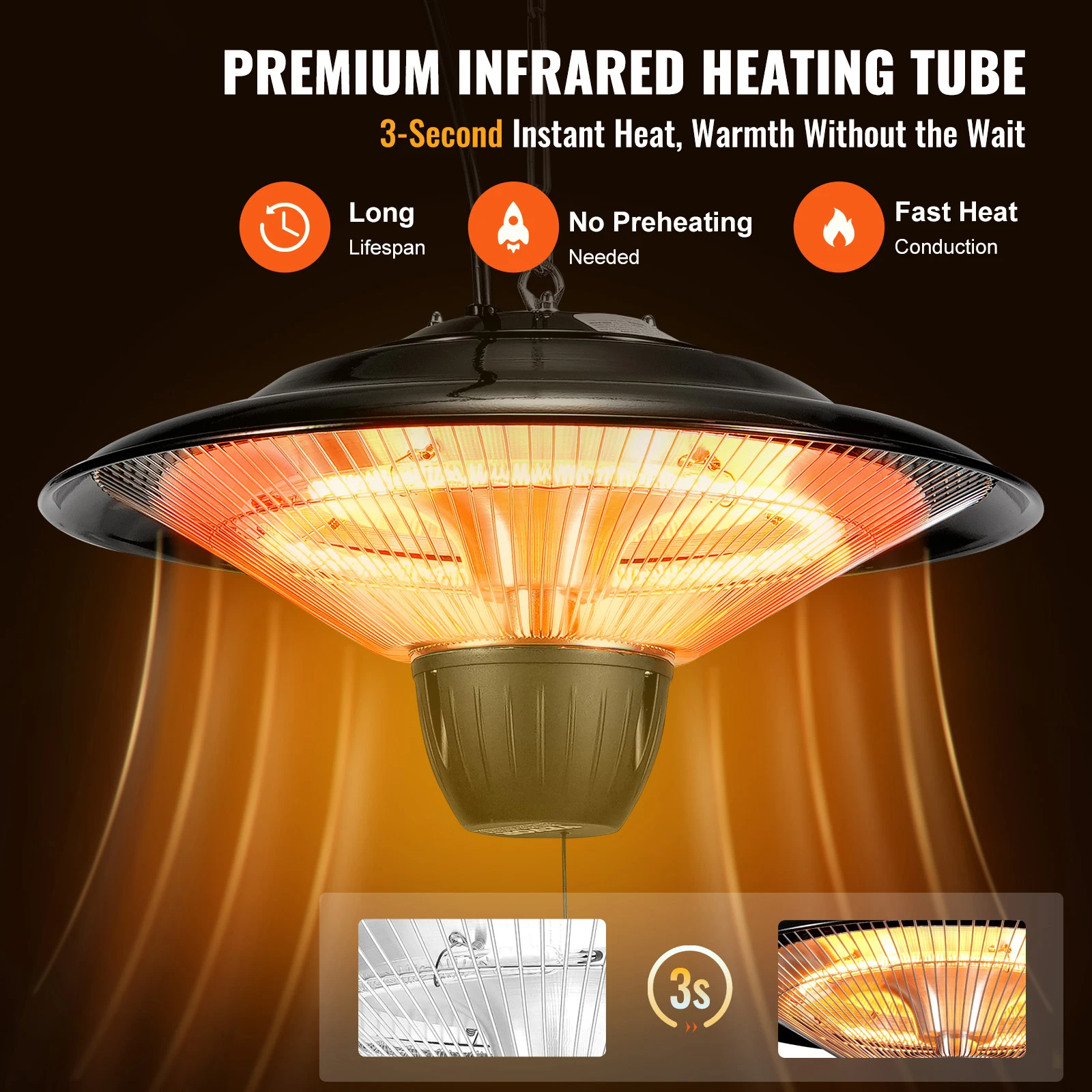 VEVOR Hanging Patio Heater Outdoor/Indoor Electric Space Heater IP34 Protection Ceiling Heater with Pull Cord & Chain