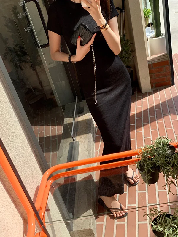 T-shirt coupe cintrée Dr femme Chic rond Ne Ba taille fendue cintrée Sexy moulante longue Dr tendance coton ort Sve