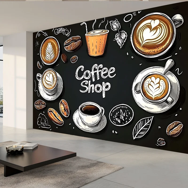 Coffee Latte Art Tapestry – Black Background Wall Hanging with Coffee-Themed Illustrations for Home, Café, or Event Décor 2