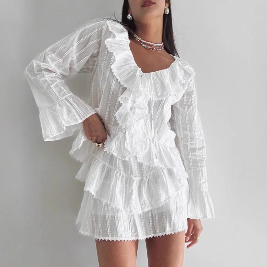 

Pure Cotton Autumn Women's 2 Piece Outfit White Ruffle-Trimmed Flare Sleeve Blouse For Lady High Waist Spliced Female Mini Skirt