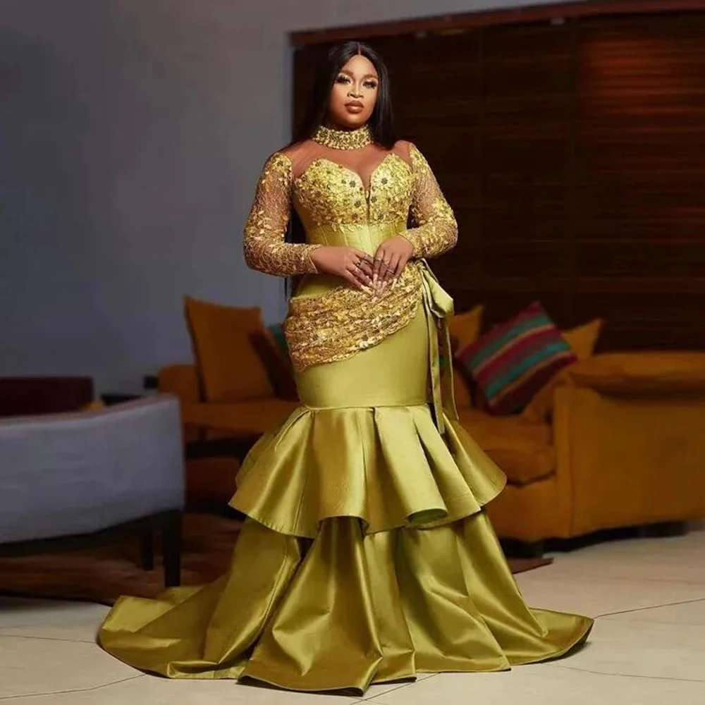 Vestidos De Noite De Pescoço Alto, Manga Comprida, Fundo Em Camadas, Vestido De Baile De Sereia, Vestido De Festa Árabe, Tamanho Plus