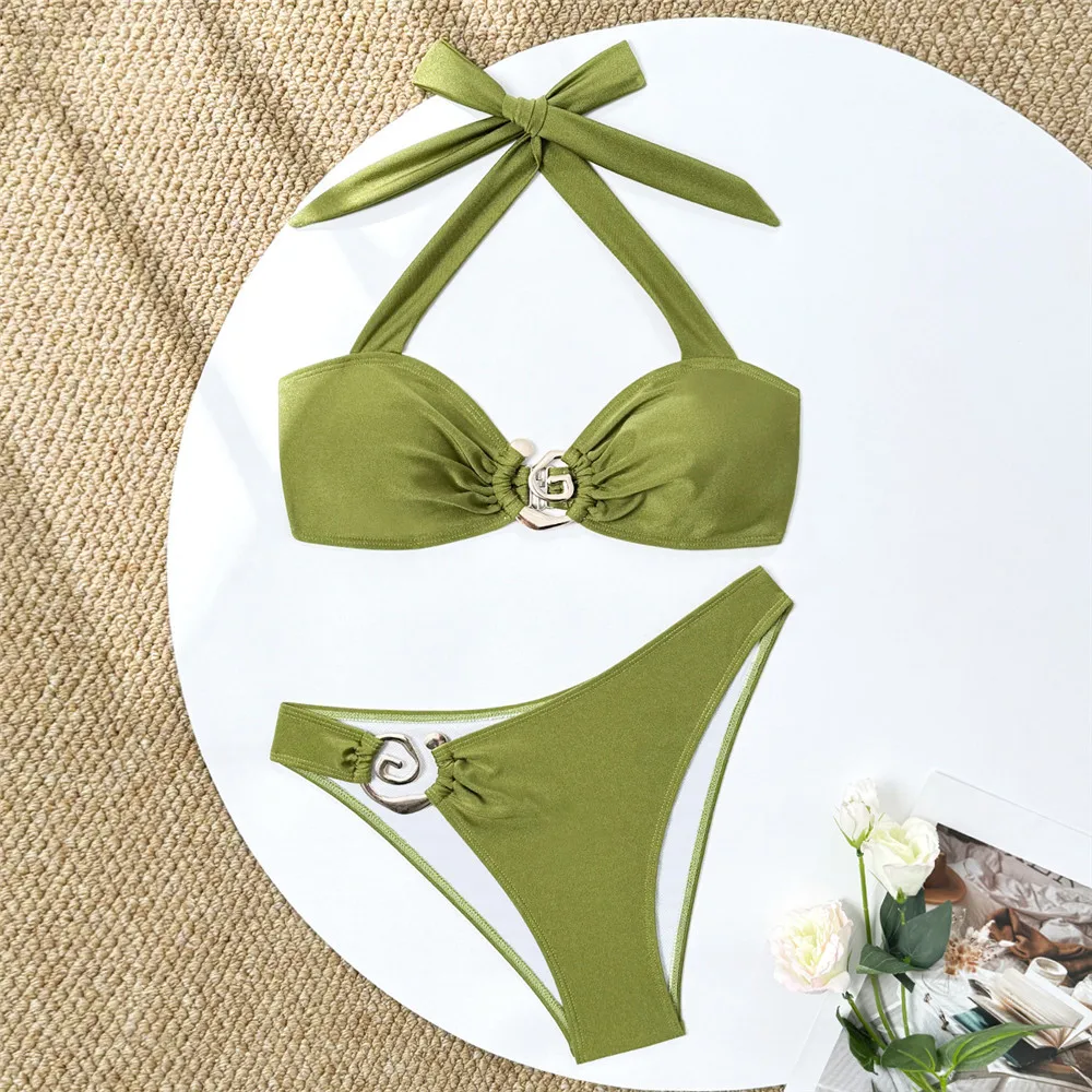 

Green Halter Knotted Bikinis Sets Sexy Swimsuit Women Metal Ring Swimwear Female 2025 High Cut Bathing Suit Bikini Mujer Biquini