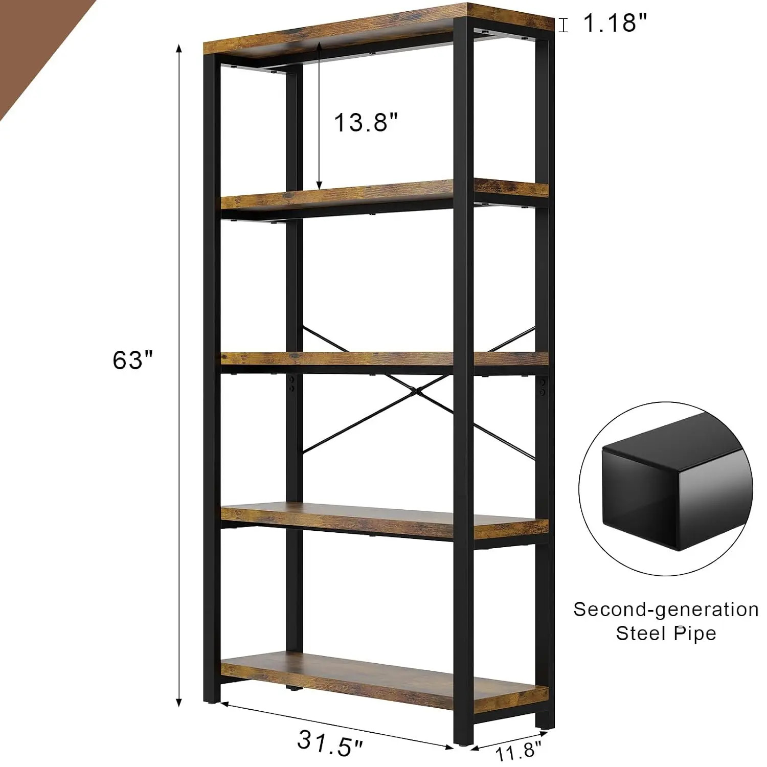 5-Tier Adjustable Heavy Duty Bookshelf | Industrial Wooden Open Storage Rack With Black Metal Frame, Vintage, Customized
