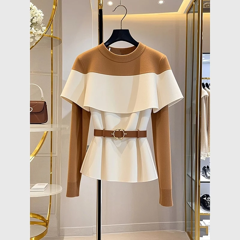 

Women Korean Fashion Contrast Color Ruffle Luxury Chic Knitted Sweater Office Lady Elegant O Neck Long Sleeve Slim Pullover Tops