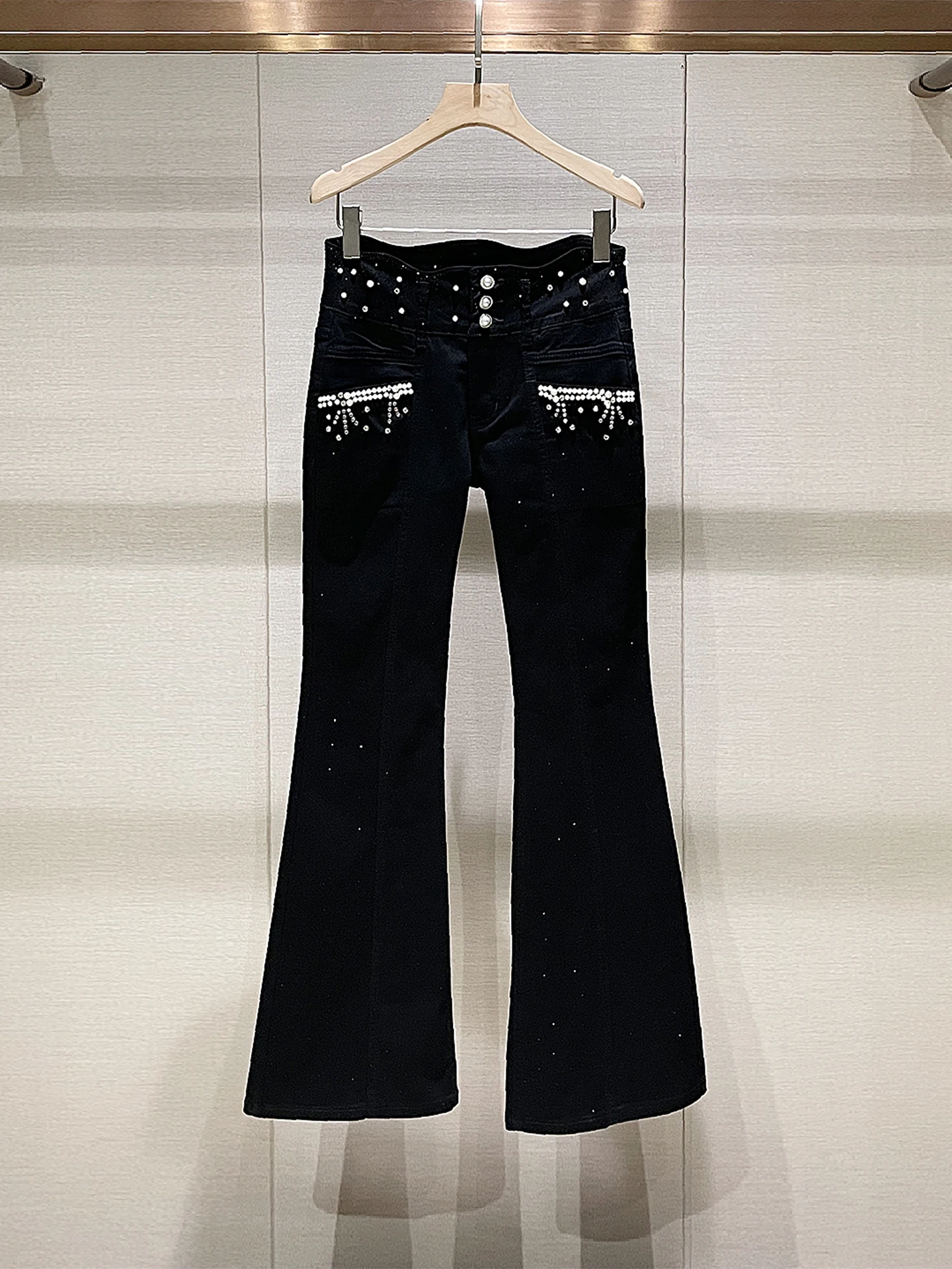 

American Sle High Waist Bell Bot Jeans Diamond Embellied Button Detail Micro Flare Spring New Arrival Ladies Jeans