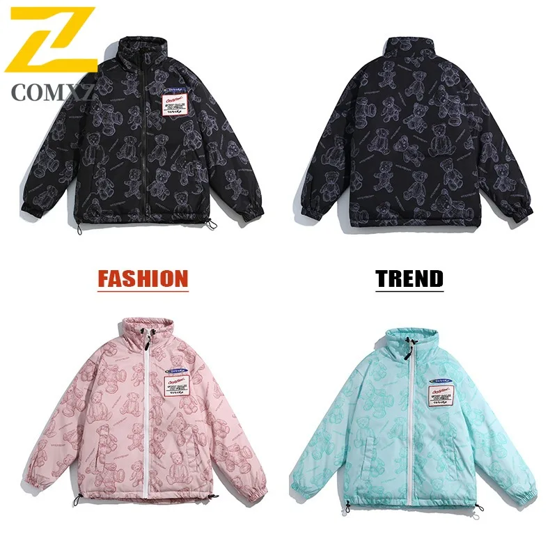 COMXZ Men Puffer Jacket Fashion Bear Printing Ski Street Windproof Warm Travel Cotton-Padded Jacket Casual Snow Bread Jackets