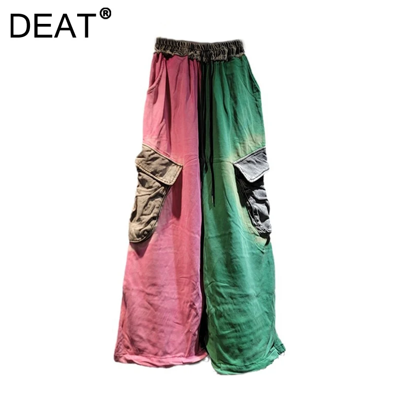 DEAT Women's Jeans Pink Green Patchwork Big Pockets Elastic High Waist Straight Denim Pants 2025 New Fashion Spring 29L9388