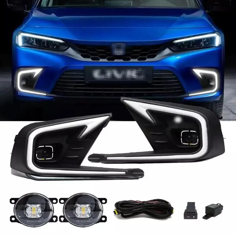 

1Pair High Quality Car LED Daytime Running Lights Bezel Cover + Clear Projector Fog Lens For Honda Civic 2022-2024 V3 Sequential