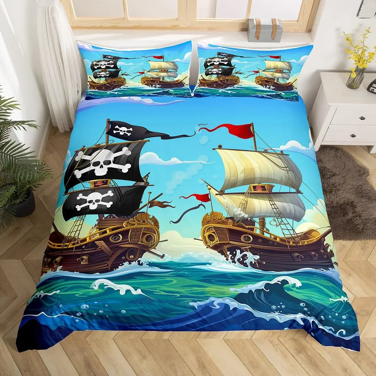 

Sailboat Bedding Set Sailing Ship Comforter Cover Ocean Wave Nautical Duvet Cover For Kids Boys Girls Cartoon Ship