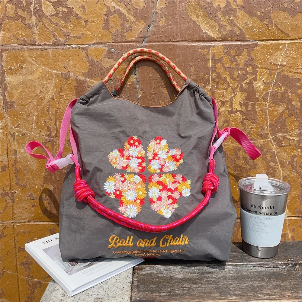 Bolsa de Ombro Bordado Overlarge para Mulheres, Eco Bags, Handle Rope Handbags, Tote Shopper Reutilizável, Drawstring