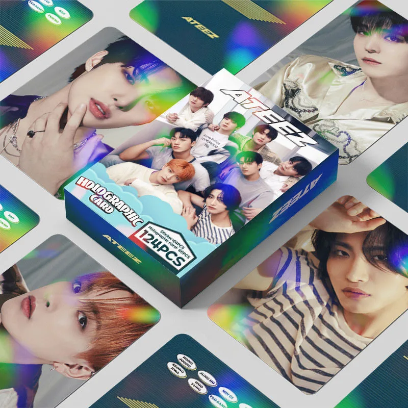 124Pcs/Set ATEEZ Laser Cards Album LOMO Cards Fan Favorites Photo Cards Stickers Glitter Hologram Cards Postcards Greeting Cards