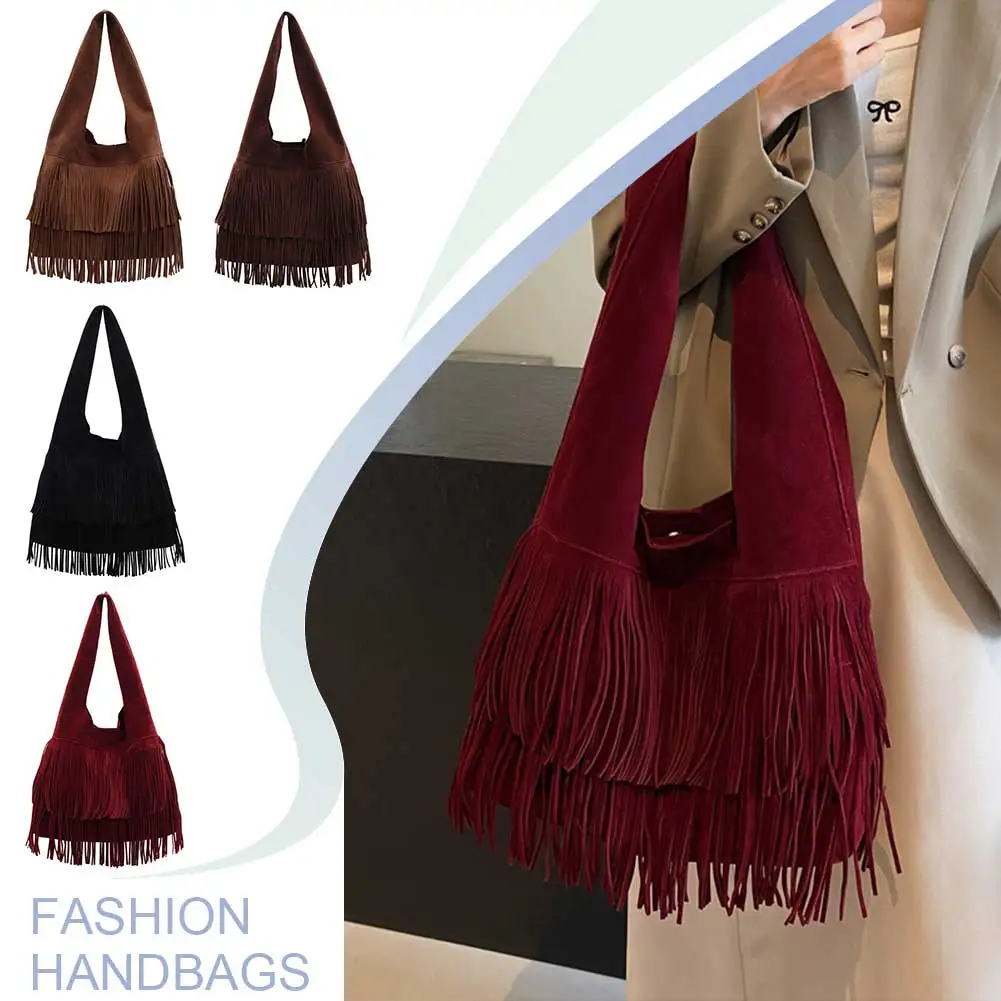 Women Frosted Tassel Shoulder Bag Faux Suede Fringe Underarm Bag Large Capacity Vintage Tote Bag Female Shopping Bag