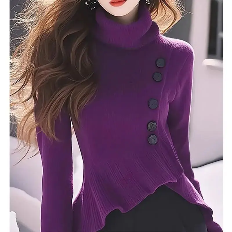 

Фиолетовый свитер с высоким воротником для женщин с пуговицами, облегающая офисная одежда, элегантный осенне-зимний пуловер