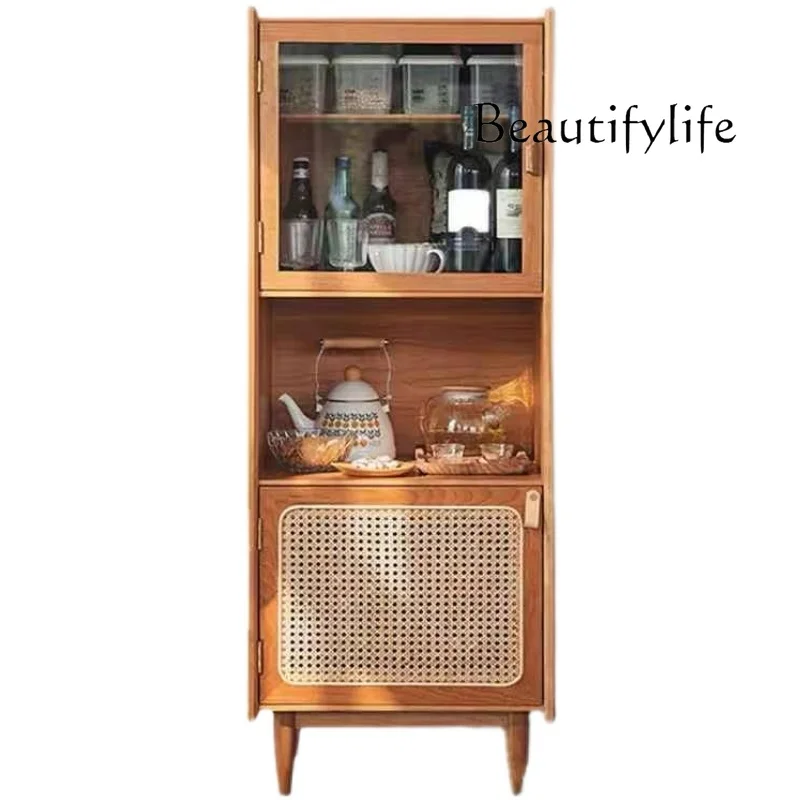 Solid Wood Narrow Ultra-Thin Side Cabinet Rattan Modern Kitchen High Cabinet Integrated Wall Living Room Locker