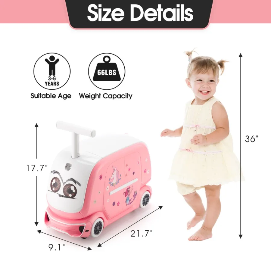 Ride on Suitcase with Storage Space Pulling Rope and Stickers Pink