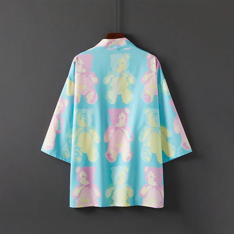 النمط الياباني موضة فضفاضة الرجعية Ins شعبية الفتاة لطيف الدب ثلاثية الأبعاد طباعة كيمونو سترة الصيف هاواي شاطئ زوجين عطلة قميص قطعة واحدة ملابس السباحة التستر