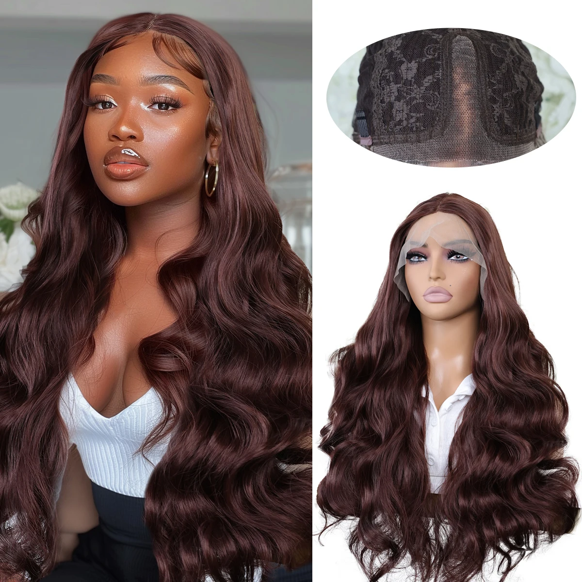 Reddish Brown Color Long Body Wave Lace Front Part Synthetic Wig For Women Cosplay Daily Party Preplucked Bleach Knots Glueless