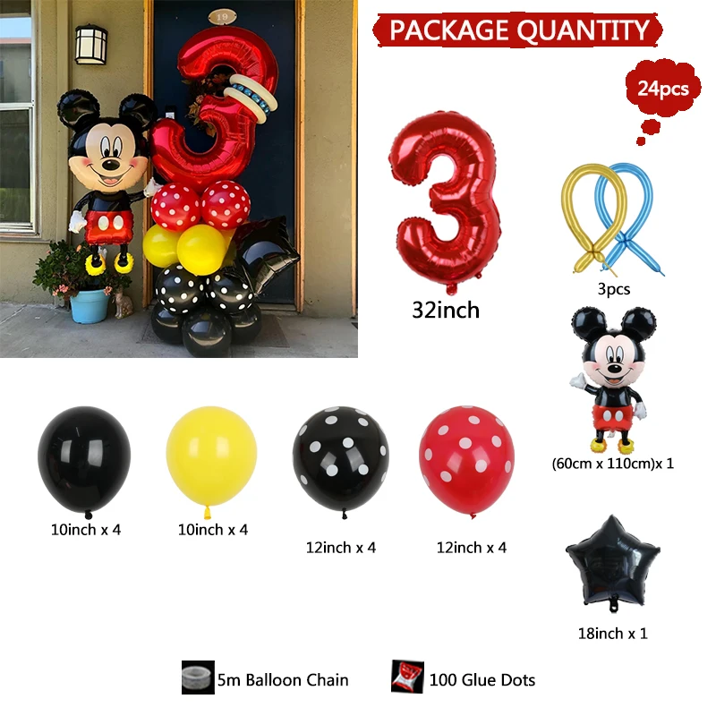 24pcs Disney Mickey Mouse Balloon Set Black White Yellow Latex Balloon for 1-9age Child Birthday Party Baby Shower Decor Globos