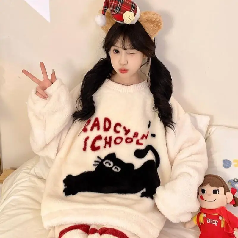 

Cartoon Coral Fleece Women's Pajama Set Autumn Winter Homewear Sweet Fleece-Lined Sleepwear New Thicken Keep Warm Nightwear Suit