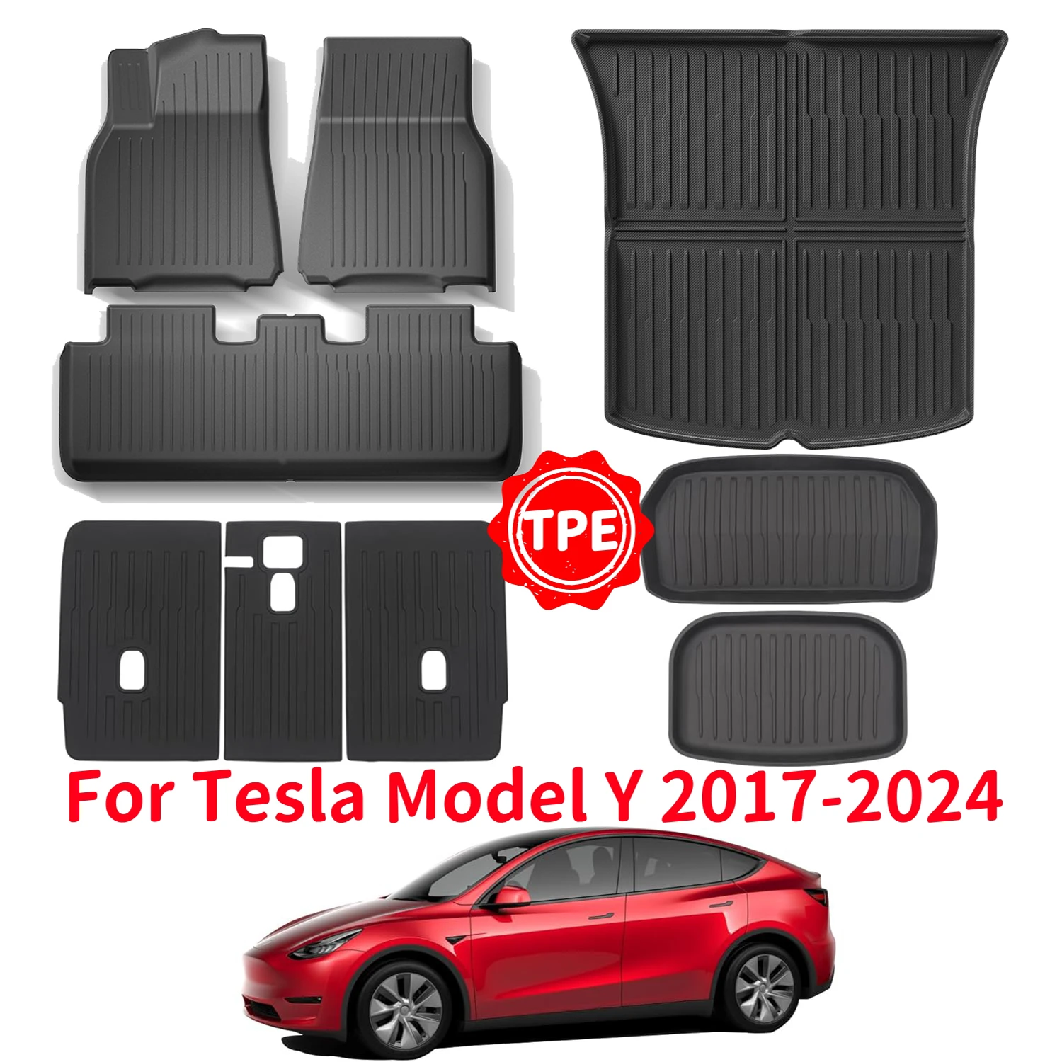 

For Tesla Model Y 2024-2017 TPE Floor Mats, All Weather Waterproof Anti-Slip Front Rear Cargo Liner Trunk Mat Backrest Mats