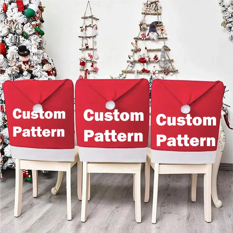 Custom Christmas Chair Covers Santa Claus Red Hat Dining Room Kitchen Party Decor Non Woven Soft Chair Back Slipcovers