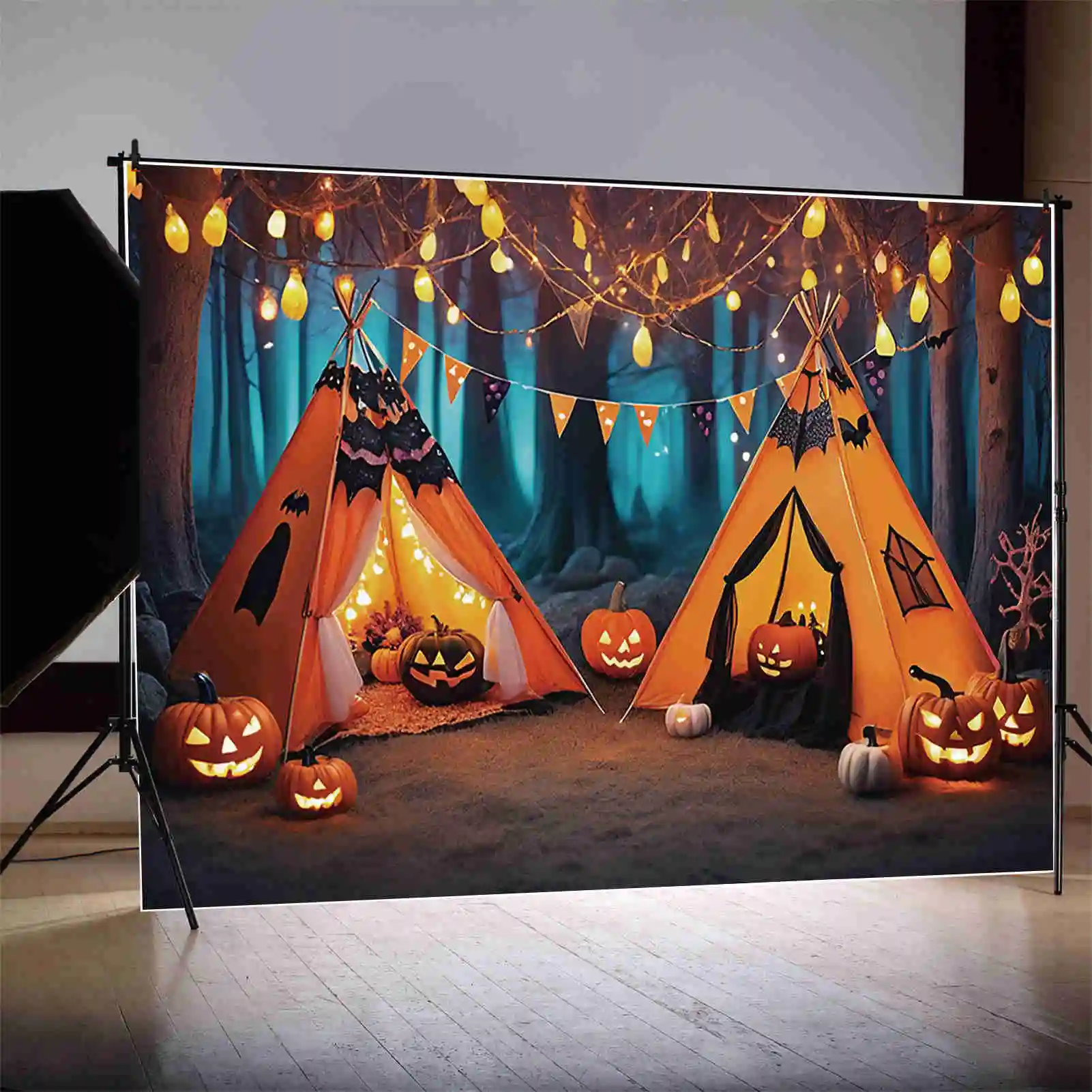 MOON.QG 2025 Halloween Outdoor Baby Party Photography Backdrop Pumpkin Tent House Decor Background Photographic Studio Back Drop