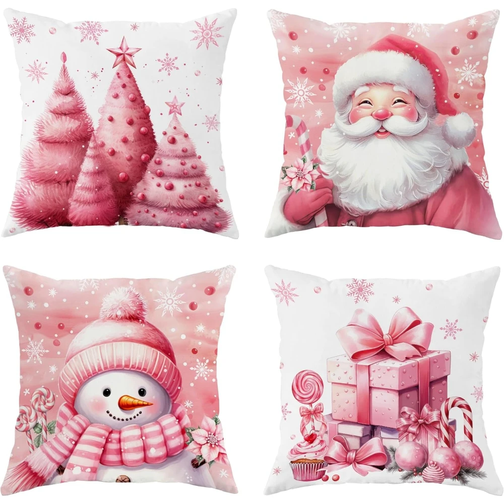 Christmas Pillow Covers 18x18, Pink Candy Cane Christmas Throw Pillow Covers Set of 4,Christmas Decorations Snowman Santa