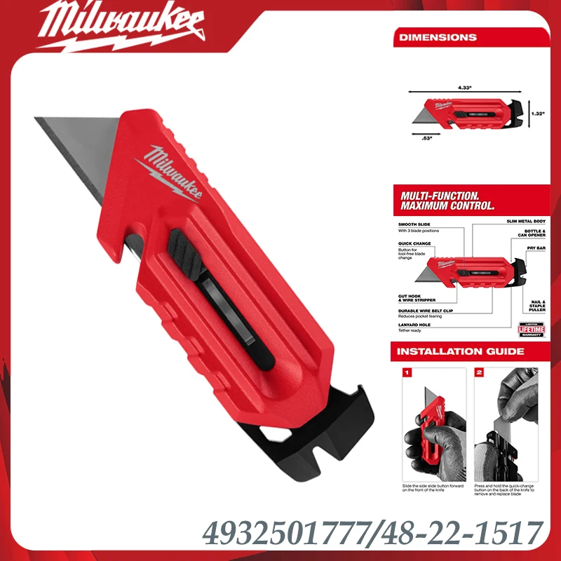 Image of Milwaukee 4932501777/48-22-1517 Einziehbares Universalmesser, Automatisch Einziehbares Sicherheits-Kartonmesser mit Schnellwechselklinge