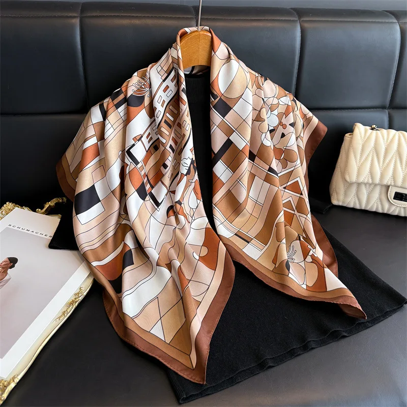 

2026 New Square Twill Silk Scarf for Women Spring Autumn Bandana Hijabs Plaid Print Headscarf Luxury Female Hair Accessories