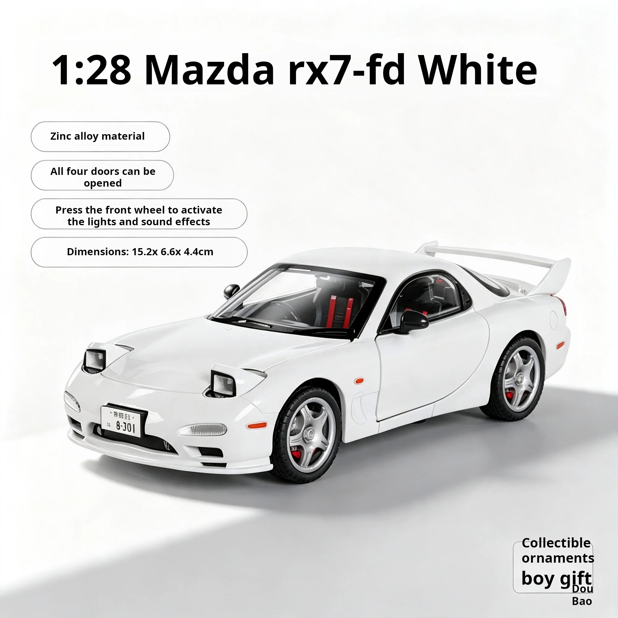 Voiture miniature tendance 1:28 Mazda RX7-FD sous licence officielle, en alliage moulé sous pression, avec son et lumière, fonction de recul, jouet de collection, cadeau