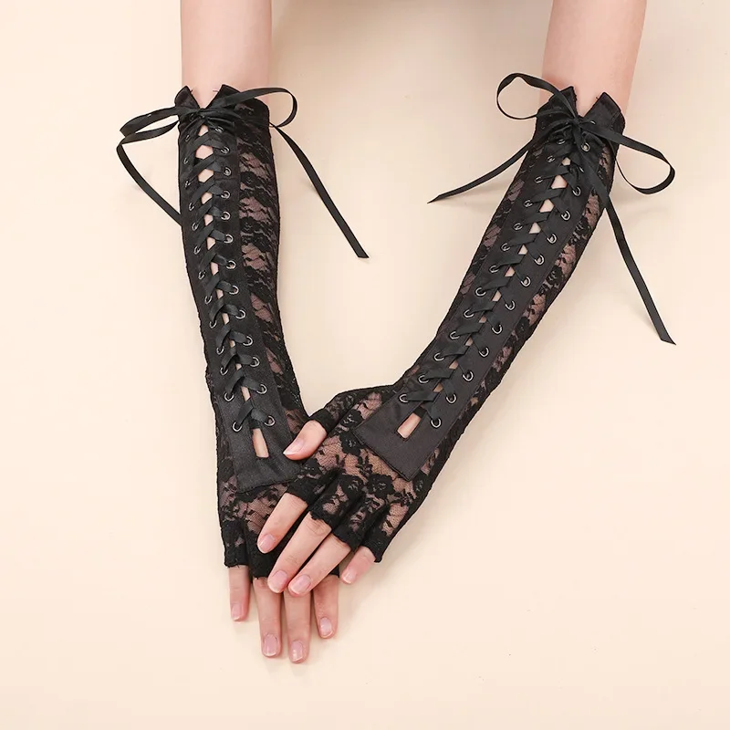 

Goth Cool Jirai Kei Black Sexy Lace Bandage Long Gloves Punk Babes Straps Hand Sleeves Female Lolita Cos Finger Sleeves Female