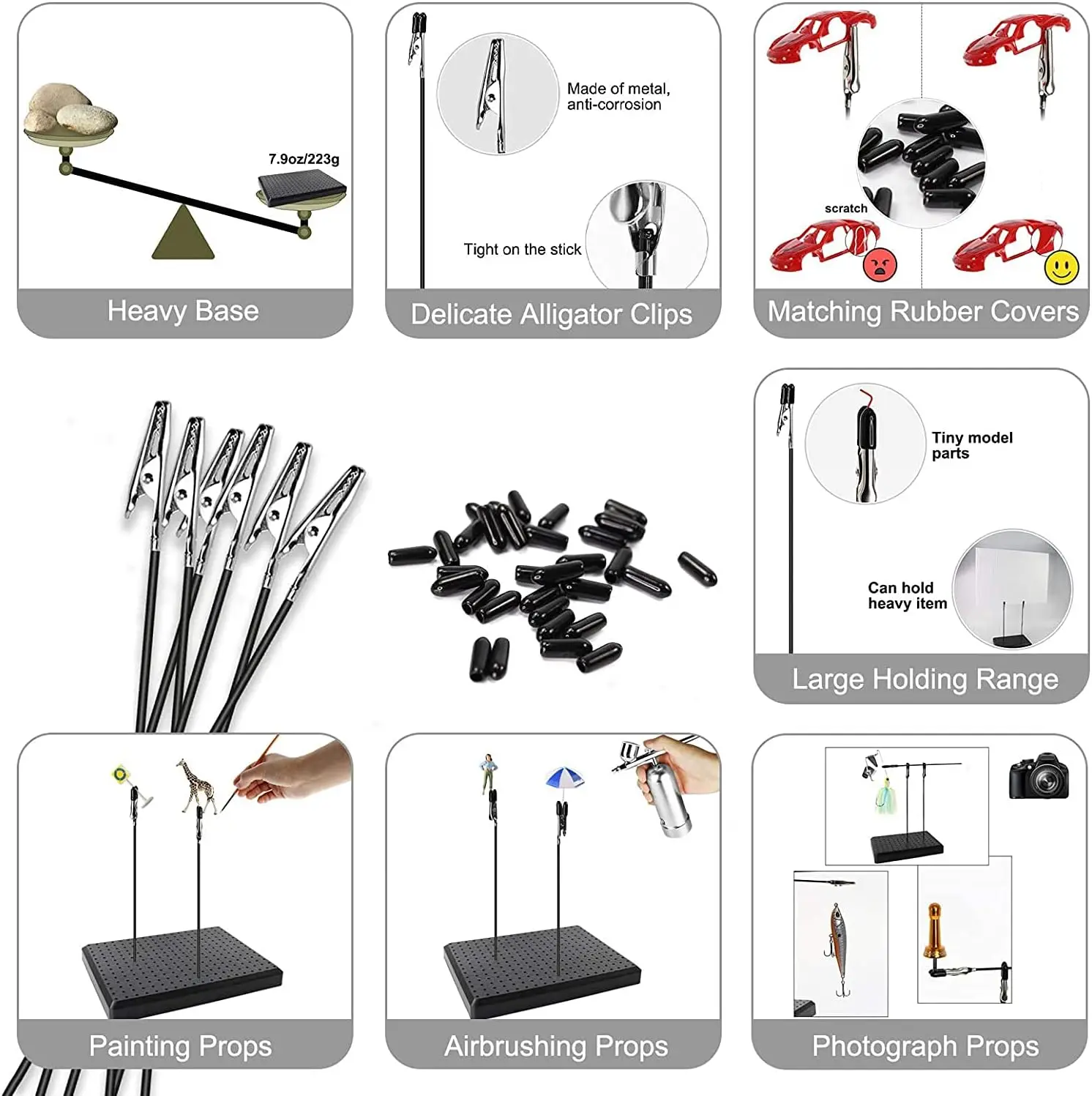 Joystar 20 Pcs Alligator Clip Sticks with Model Painting Stand Base Holder Gundam Model Painting for Airbrush Hobby view 6