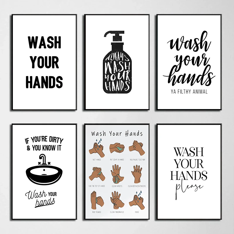 Umyj ręce plakaty i druki Wall Art Picture Nordic toaleta płótno malarstwo Modren toaleta wc pokój dziecięcy Home Decor