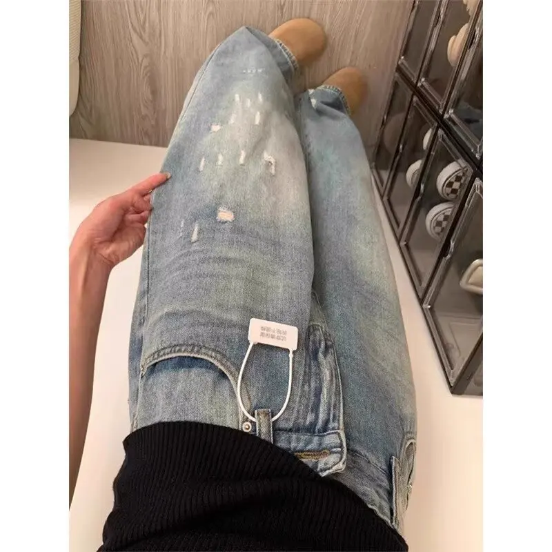 

Women's Light Blue Distressed Wide-Leg Jeans, High-Waisted Baggy Denim Pants with Faded Wash, Casual Loose-Fit Trousers