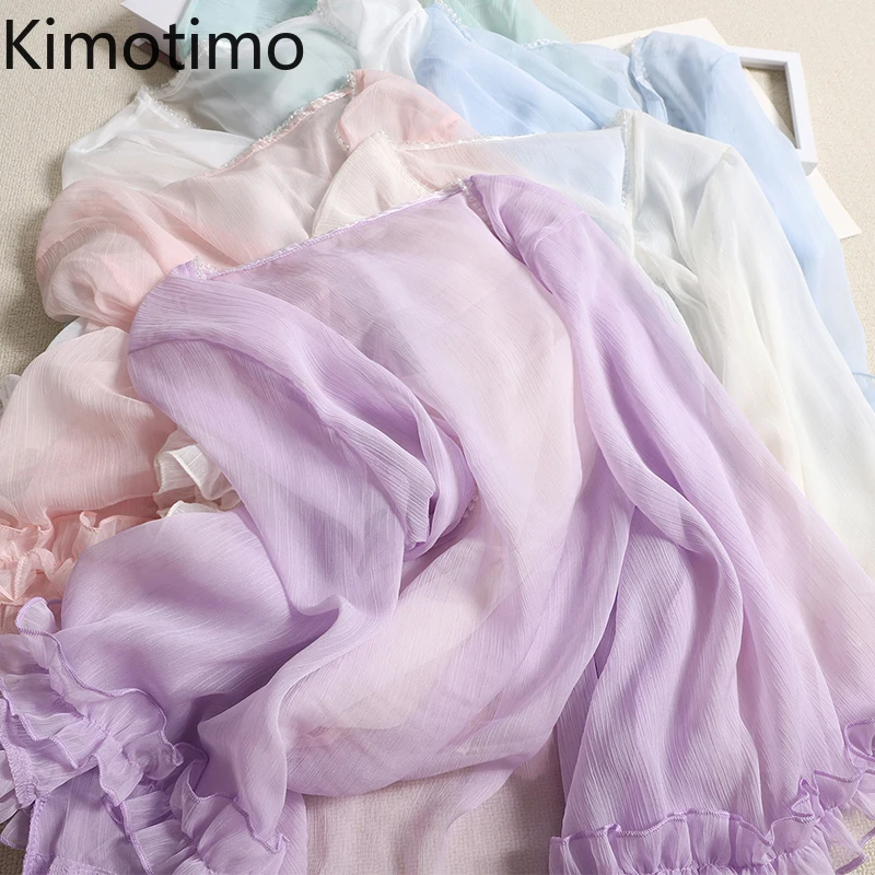 

Kimotimo Retro Beaded Thin Ruffle Long Sleeve Chiffon Crop Top Women 2025 Summer Casual Solid Loose Outerwear Sunscreen Cardigan