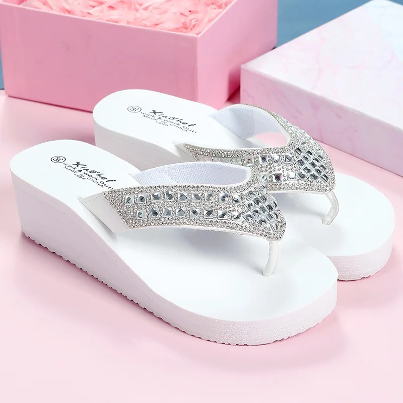 Women Slippers Wedges Casual Shinny Beach PVC Solid Summer Indoor Outdoor Bling Women Flip Flops Adult Sandals Soft Shoes