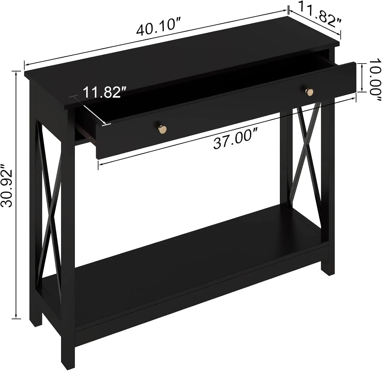 Zwarte consoletafel met lade en opbergplanken, foyerbanktafel smal voor entree, woonkamer, hal