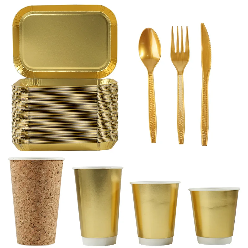 Vajilla dorada, vasos de papel desechables, plato de papel desechable, tenedores, cuchillos, cucharas para suministros de ducha para niños, bandeja de fruta dorada, 10 Uds.