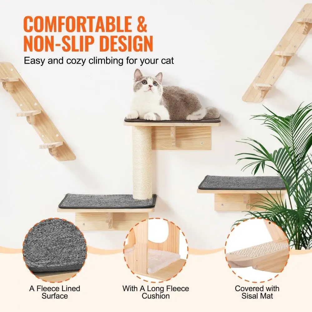 Wall Mounted Cat Tree with Multi-Level Shelves, Jumping Boards, Nests, and Hammock Set of 9