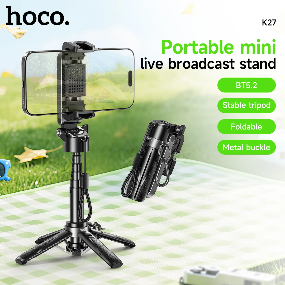 

HOCO Portable Live Broadcast Holder For iPhone 17 16 Pro Max Foldable Wireless Bluetooth 5.2 Control Selfie Stick Mount Tripod