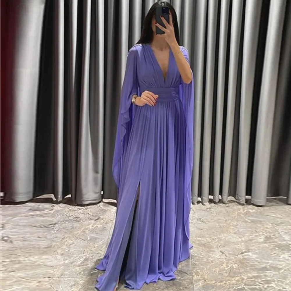 

Lily Lavender Evening Dress with Cape A Line High Slit V Neck Formal Gown Ruched Sweep Train Chiffon Special Occasion Dresses