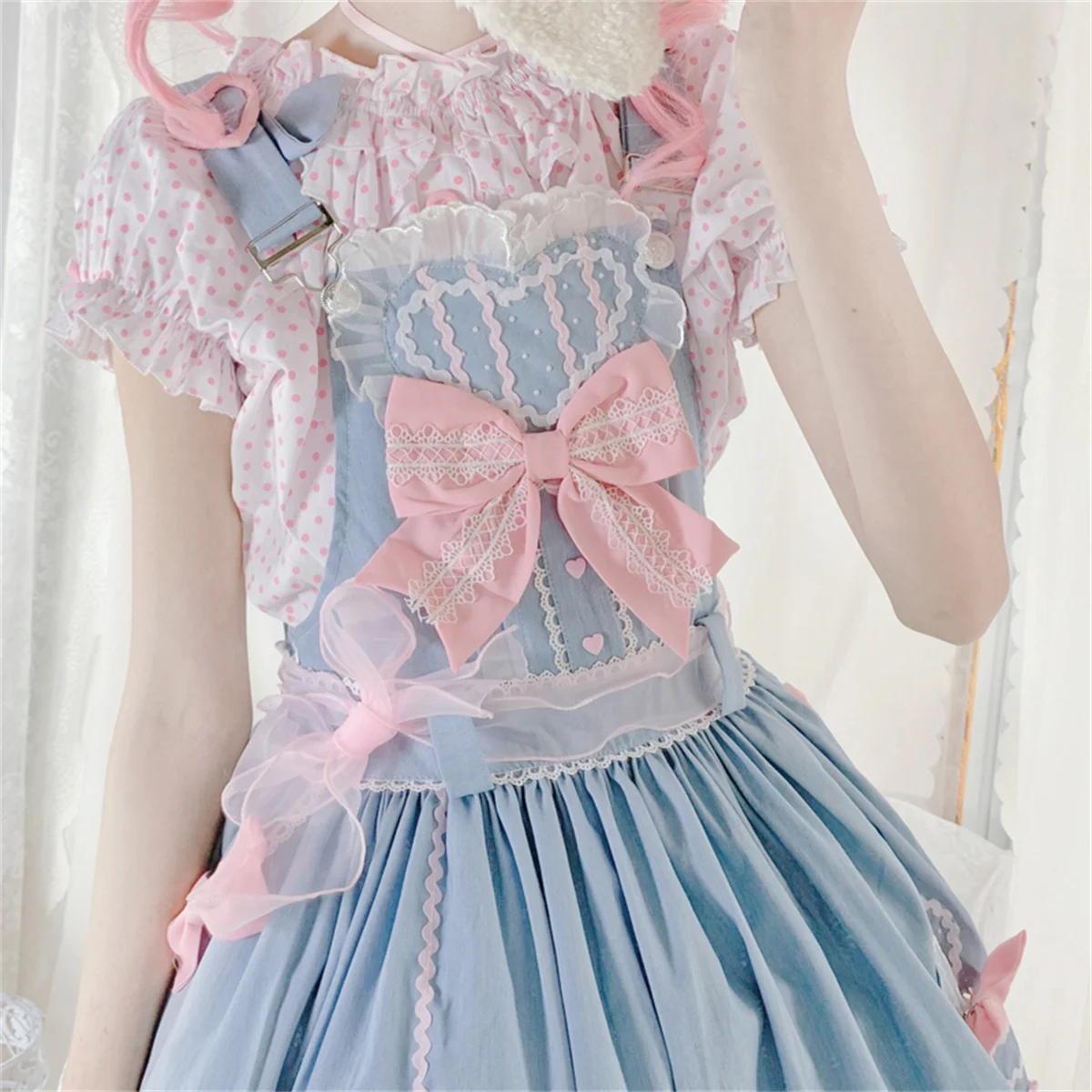 Japanischen Stil Kawaii Mädchen Cosplay Lolita Jsk Nette Anzug Top + kleid Süße Loli Polka Dot Puff Sleeve Top Spitze bogen Rüsche Kleid